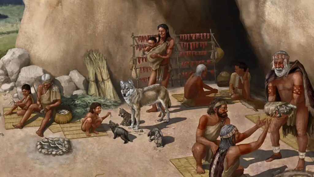 Ancient scene of humans and domesticated dogs highlighting early human-animal relationships in prehistoric times
